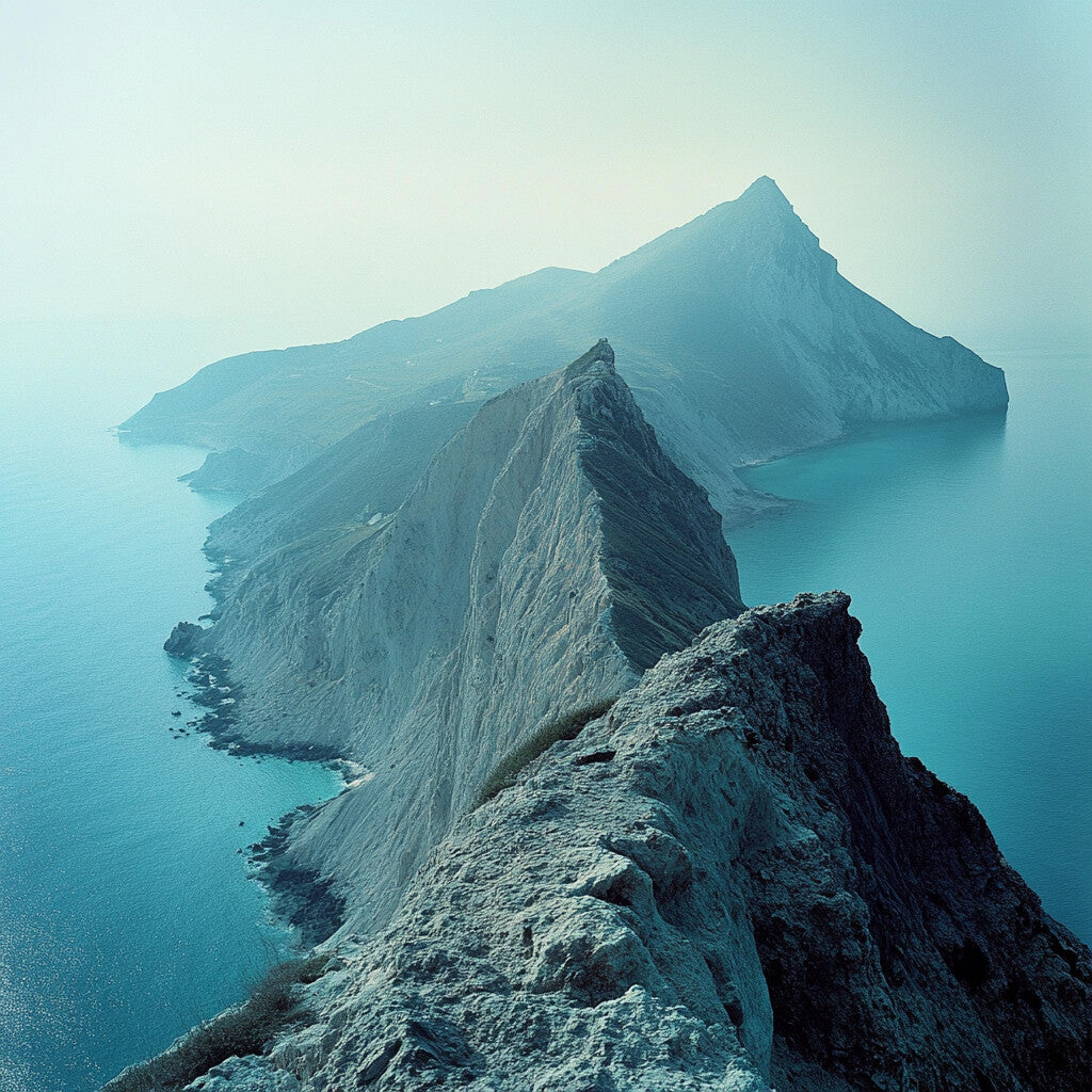 A rocky island rising from blue waters, evoking the legendary islands of Chryse and Argyre